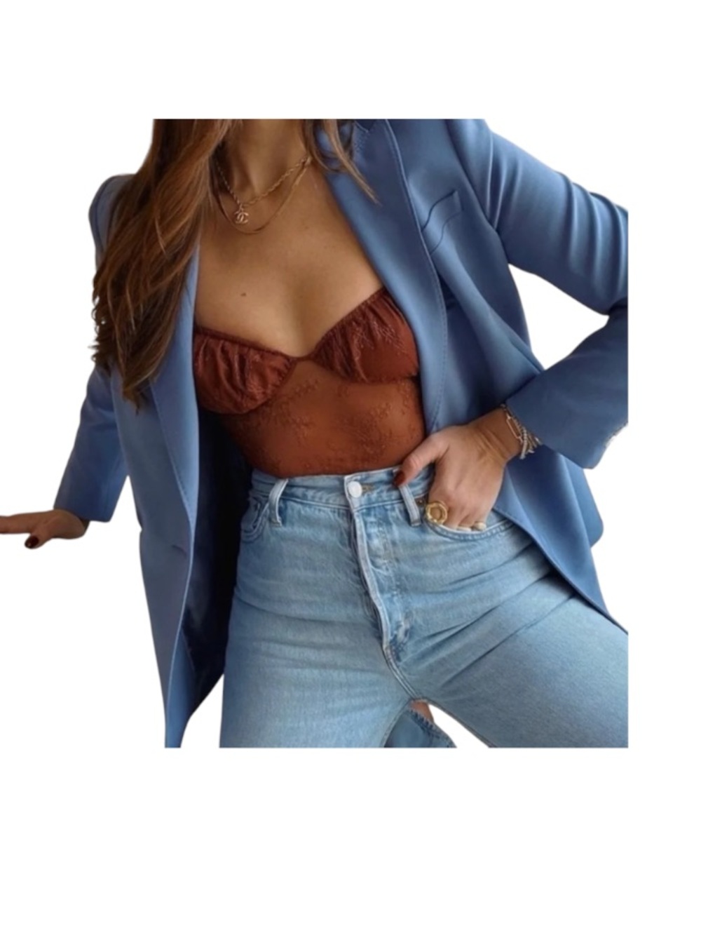 NWT Danielle Bernstein Warm Brown Lace Sheer Structured Bodysuit Top Size 2